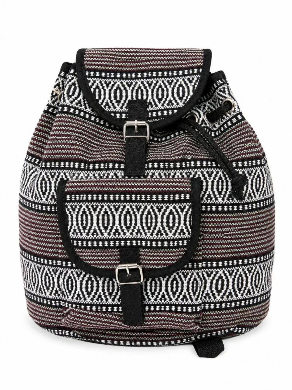 Boho Woven Backpack Red Green White Black Tribal Pattern India Drawstring Bag